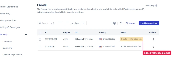 Cloudways Firewall tab: two IPs auto-whitelisted with an expiry date on a server nobody had configured yet