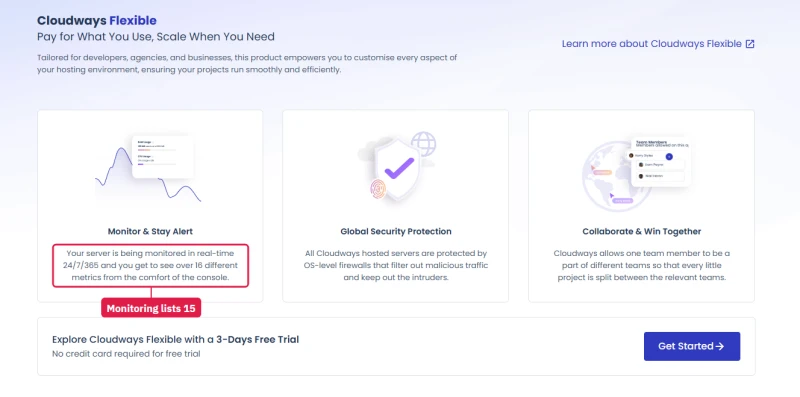 Cloudways Flexible product page in the dashboard: monitoring with over 16 metrics, OS-level firewalls, team collaboration