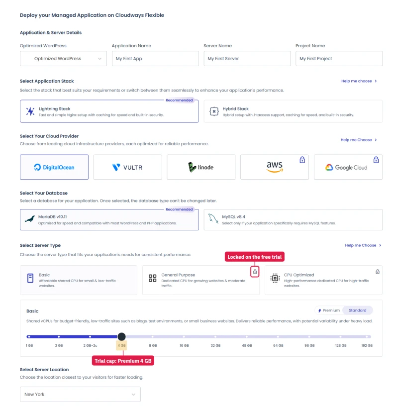 Cloudways Flexible launch wizard: stack, cloud provider, database and server type, with trial-locked options