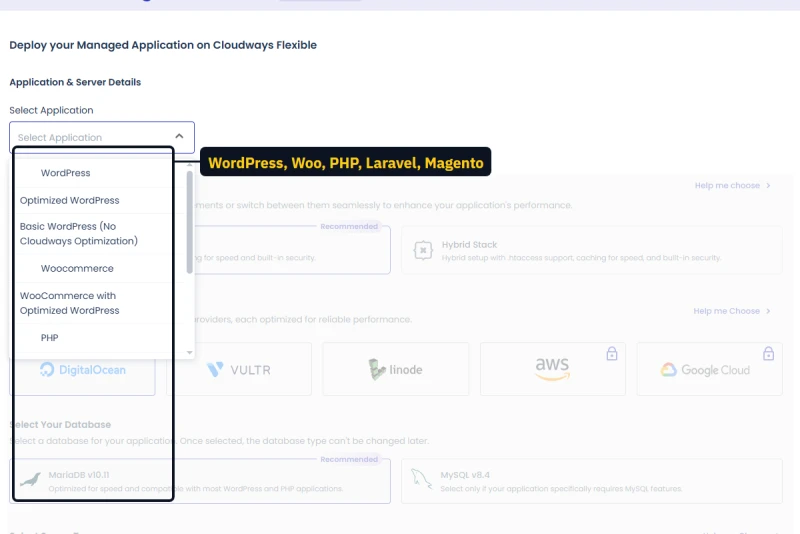 Cloudways Flexible launch wizard with the application list open: WordPress, WooCommerce, PHP, Laravel and Magento