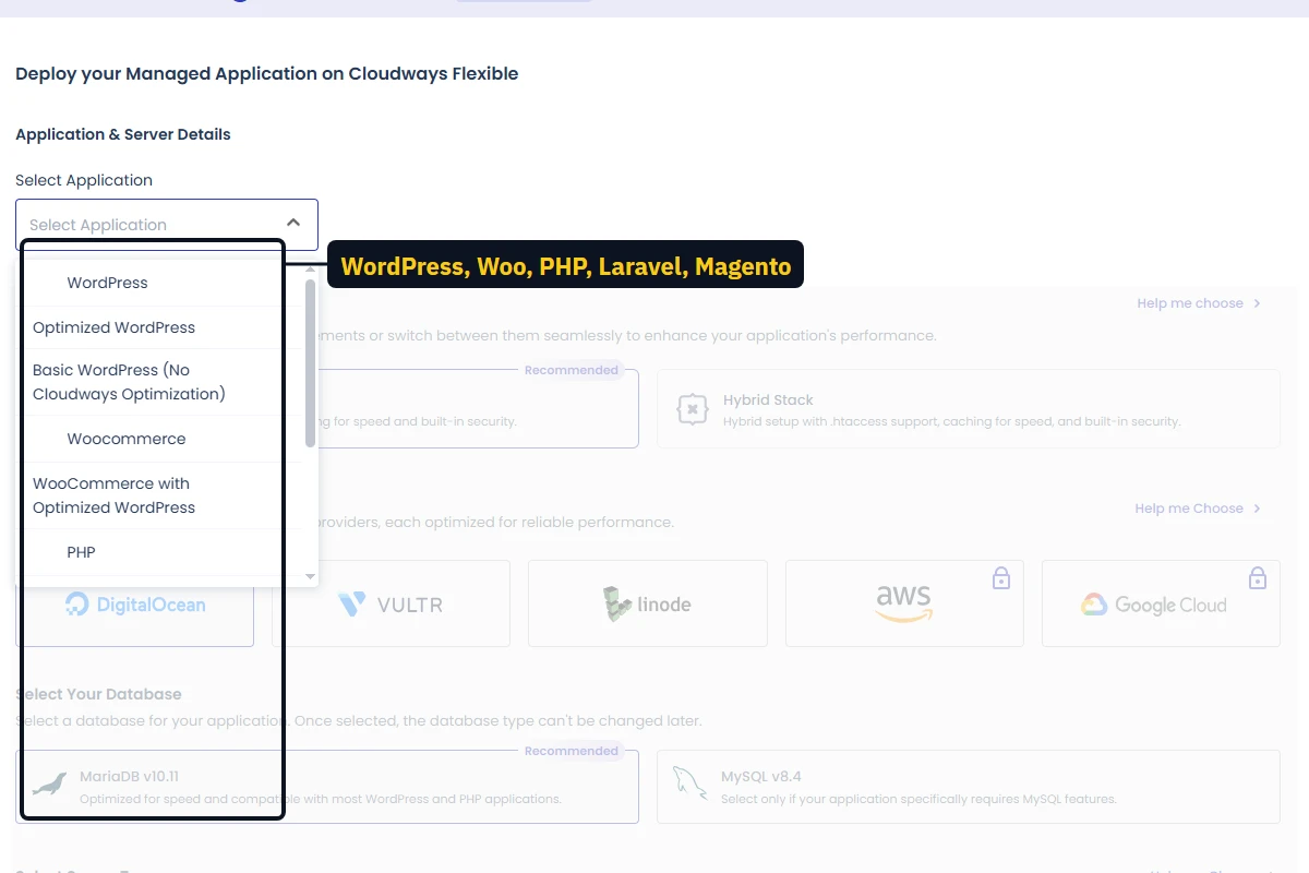 Cloudways application picker listing WordPress, WooCommerce, PHP, Laravel and Magento