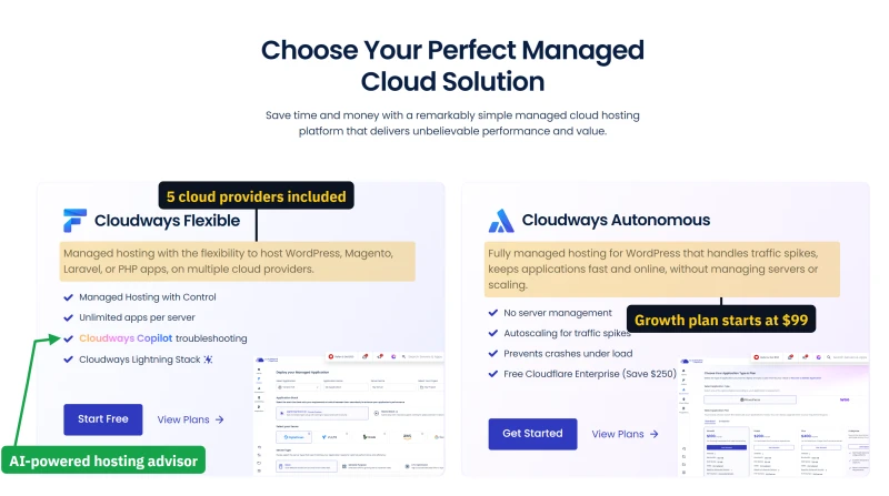 Cloudways homepage: Flexible, your choice of cloud provider, beside Autonomous, autoscaling managed WordPress
