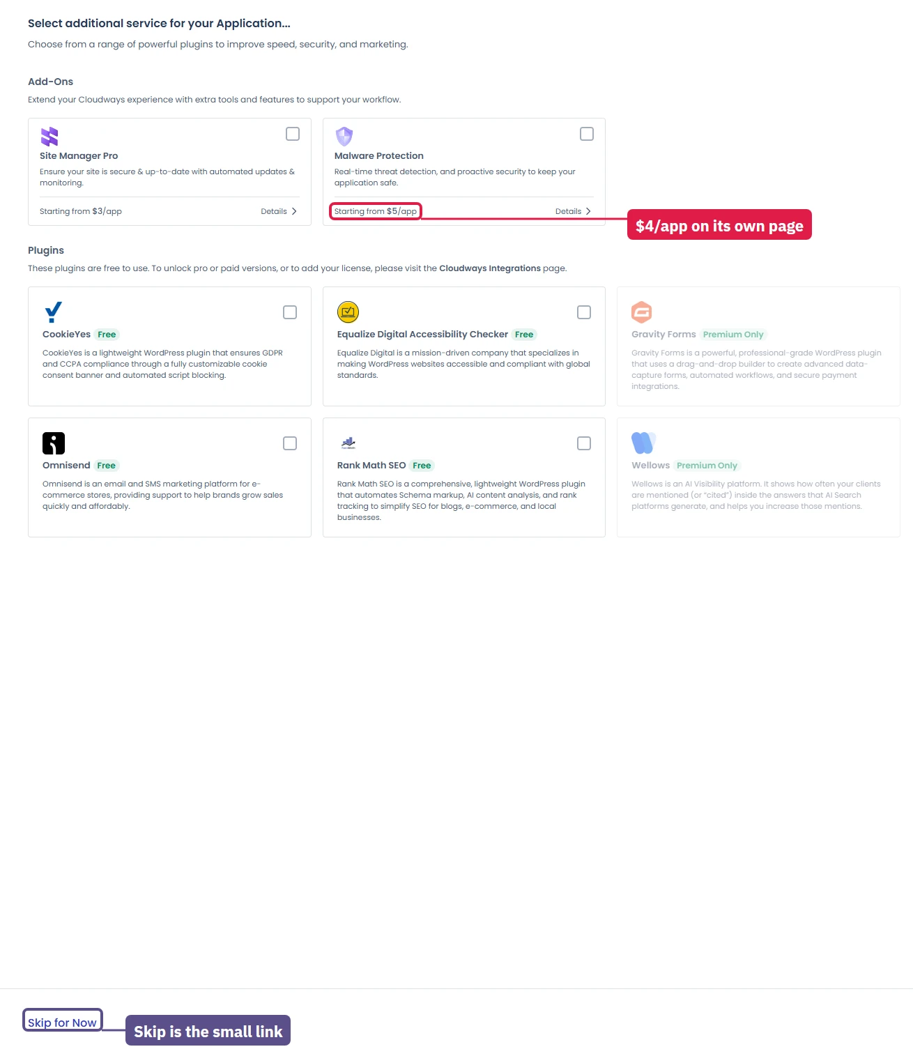 Cloudways add-on step before launch offering Site Manager Pro and Malware Protection