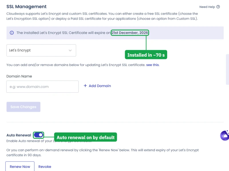 Cloudways SSL Management: Let's Encrypt certificate installed, expiry date and Auto Renewal switched on