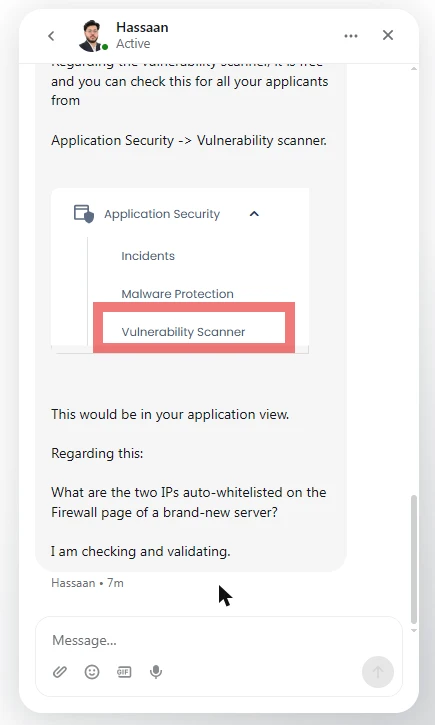 Cloudways live chat: support agent Hassaan confirming the Vulnerability Scanner is free, under Application Security
