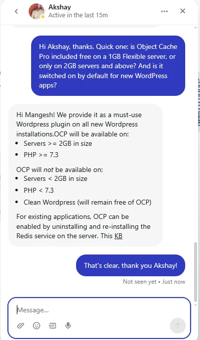 Cloudways live chat: agent Akshay confirms Object Cache Pro is a must-use plugin on new WordPress apps on servers of 2GB or more with PHP 7.3 or newer