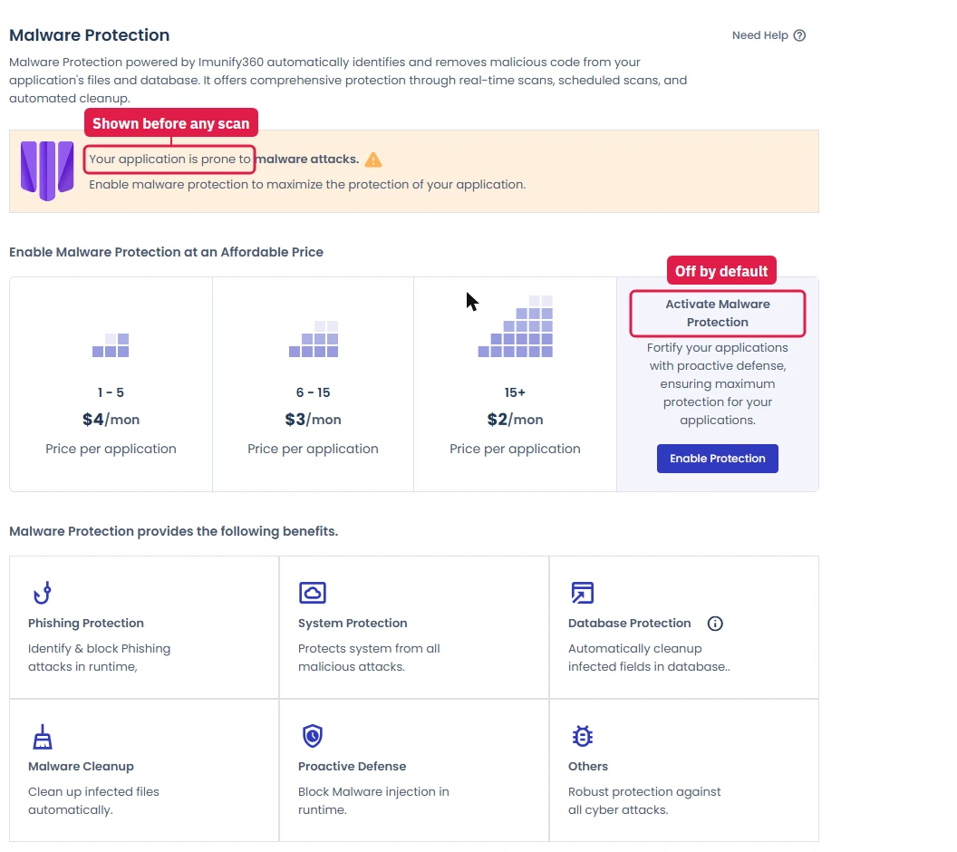 Cloudways Malware Protection add-on showing tiered per-app pricing inside the console