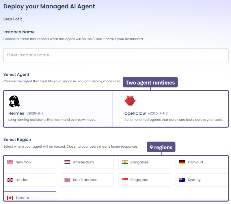 Cloudways Managed AI Agent deploy form: Hermes or OpenClaw agent and a list of nine regions