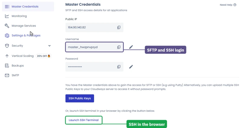 Cloudways server Master Credentials: public IP, SFTP and SSH user, SSH keys and browser terminal