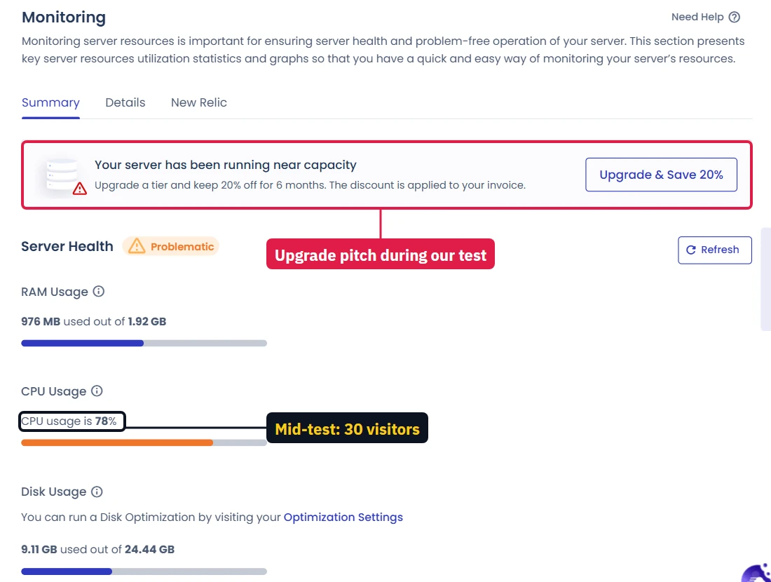 Cloudways Monitoring during a load test showing Server Health Problematic and 78 percent CPU