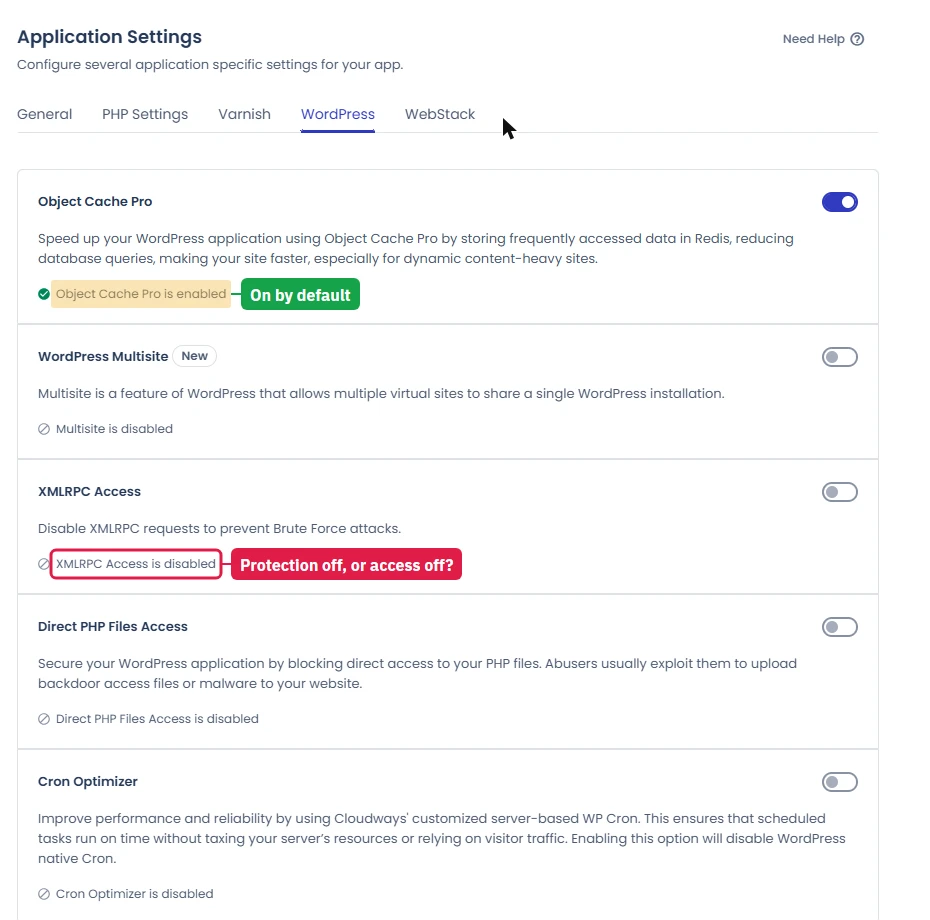 Cloudways application settings with Object Cache Pro on by default