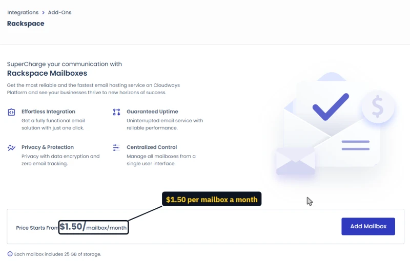 Cloudways Rackspace Email add-on page: price from 1.50 dollars per mailbox a month, 25 GB each