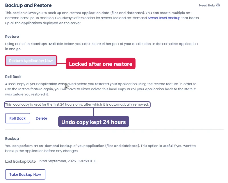 Cloudways Backup and Restore page after a restore: Restore locked, Roll Back and a 24-hour local copy
