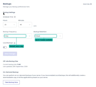 Cloudways server backup settings: daily at 23:40 UTC, kept 1 week, local backups off, and an on-demand backup
