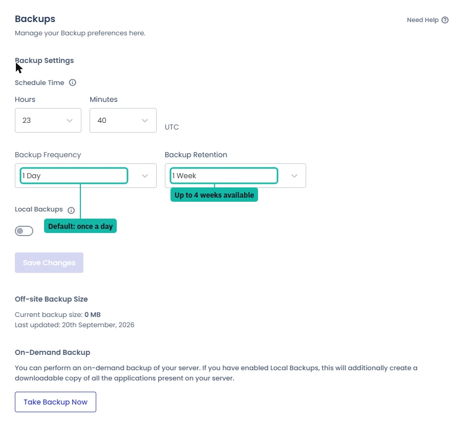 Cloudways backup settings: daily backups kept for one week by default