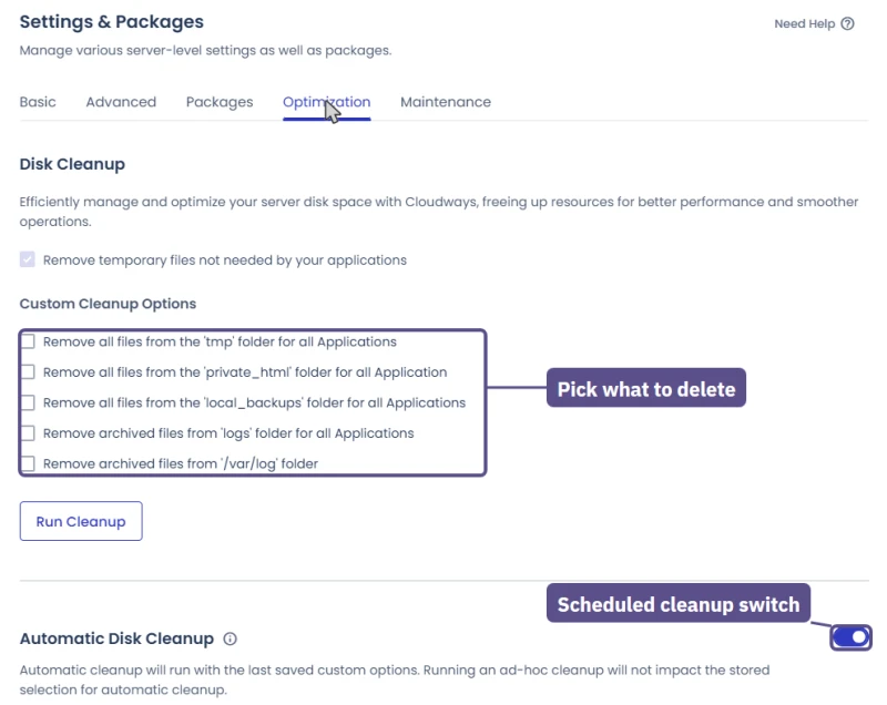 Cloudways server Disk Cleanup: folders to clear and an automatic cleanup switch