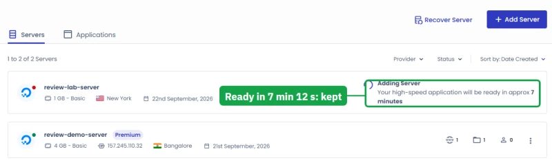 Cloudways server list: a new server being added, ready in approx 7 minutes