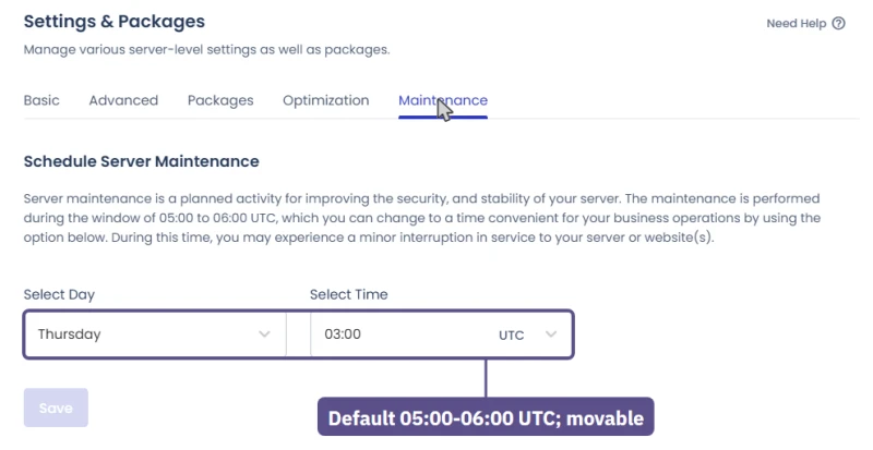 Cloudways server maintenance schedule: default window 05:00 to 06:00 UTC, day and time selectable