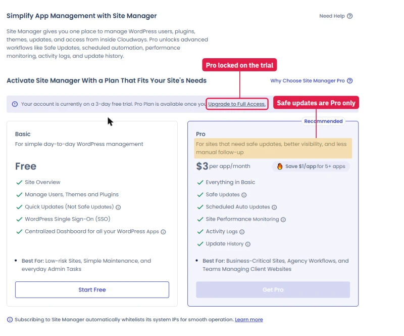 Cloudways Site Manager plans: Basic free with Quick Updates (Not Safe Updates), Pro at $3 per app per month