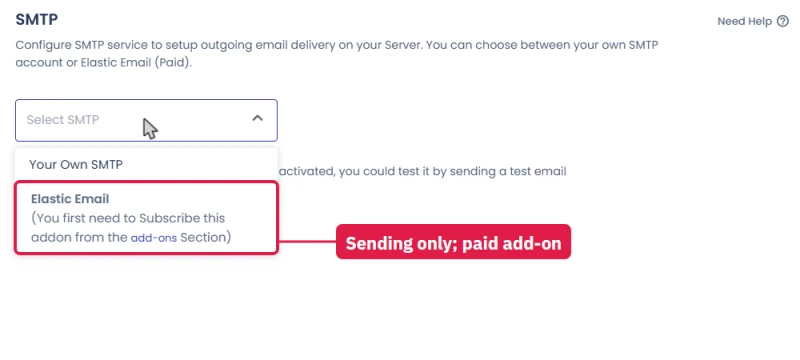 Cloudways server SMTP page: choose your own SMTP or the paid Elastic Email add-on
