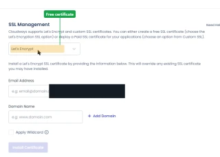 Cloudways SSL Management: free Let's Encrypt with email, domains and a wildcard option, or a custom certificate