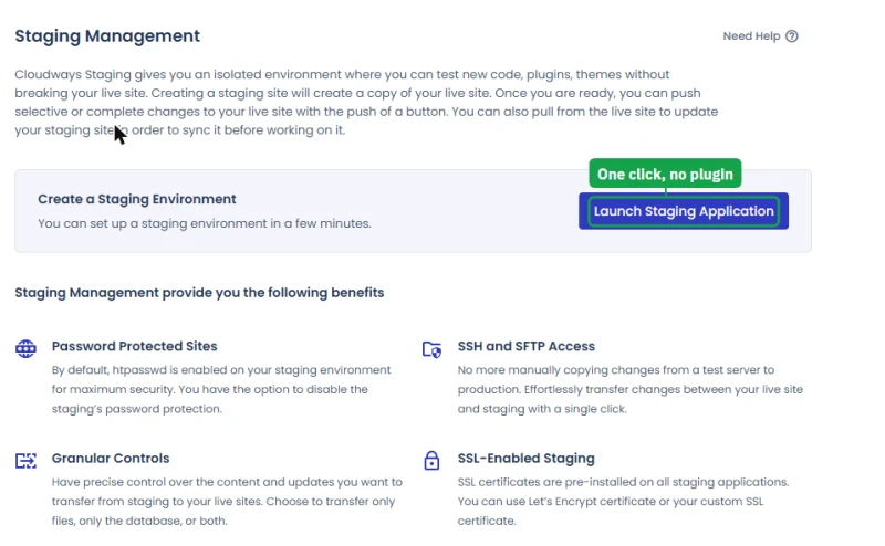 Cloudways Staging Management: one Launch Staging Application button, password-protected staging, SSH, SFTP and SSL