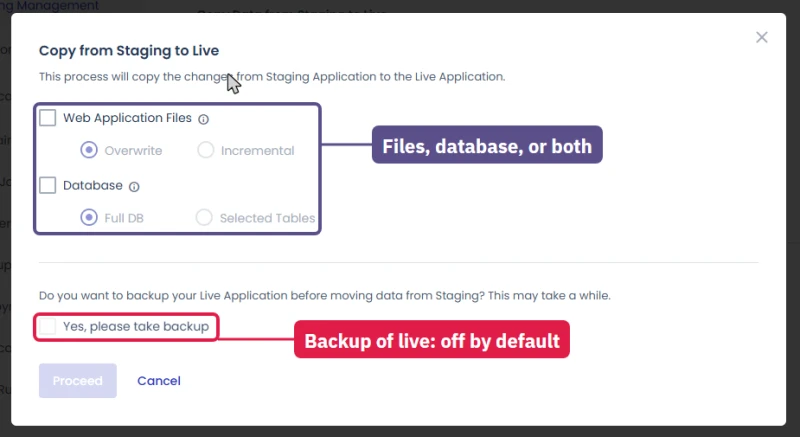 Cloudways Copy from Staging to Live dialog: files overwrite or incremental, database full or tables, backup box