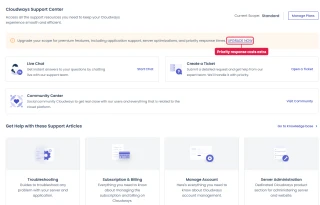 Cloudways Support Center on a trial account: Standard scope, live chat, tickets, community and an upgrade prompt