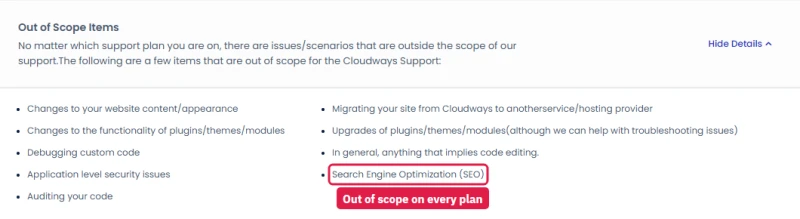 Cloudways support out-of-scope list: site content, plugin changes, custom code, app security, SEO and moving away