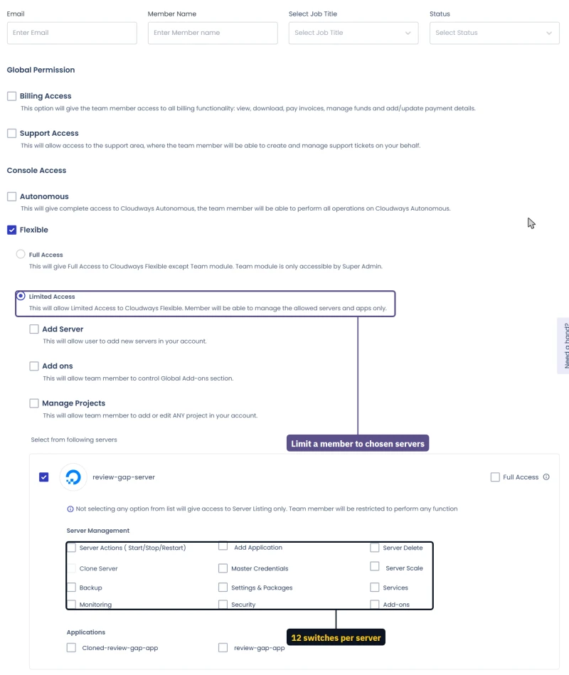 Cloudways Add Member form: limited Flexible access with per-server permission switches