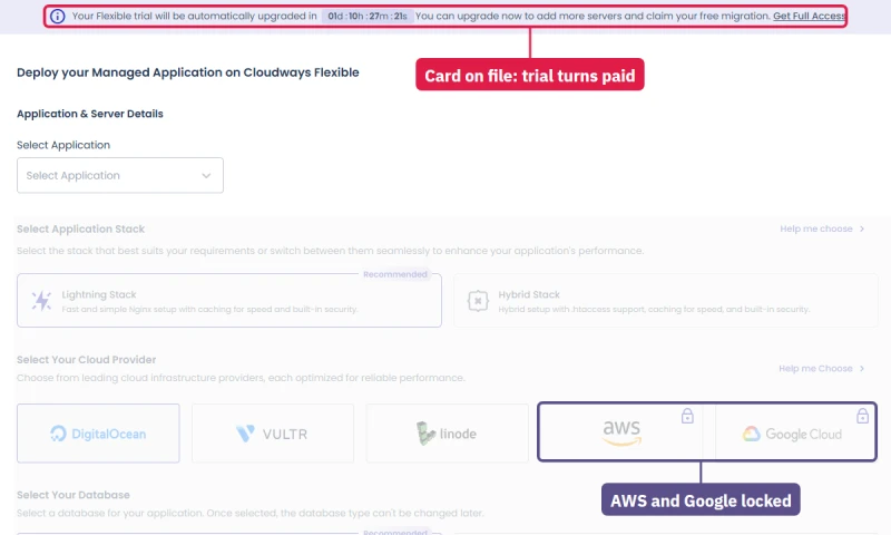 Cloudways Flexible launch form on the trial: DigitalOcean, Vultr and Linode open, AWS and Google Cloud locked