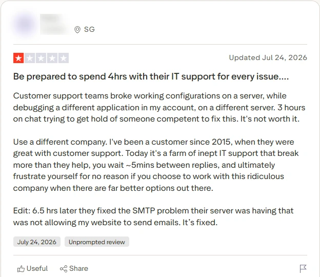Trustpilot 1-star Cloudways review, July 24 2026: hours on chat to reach an agent who could fix a server problem