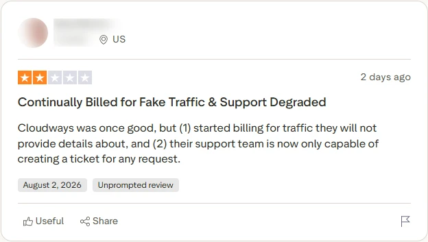 Trustpilot 2-star Cloudways review: billed for traffic with no details, and support that only opens tickets