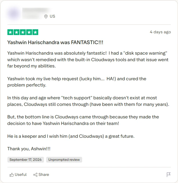 Trustpilot 5-star Cloudways review, Sept 17 2026: a disk space warning the built-in tools could not clear, fixed by support