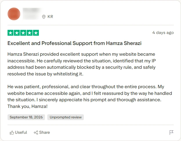 Trustpilot 5-star Cloudways review, Sept 18 2026: support found a security rule blocking the reviewer's IP and whitelisted it