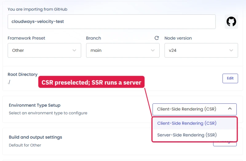 Cloudways Velocity build settings: Environment Type menu, Client-Side Rendering preselected, Server-Side Rendering below