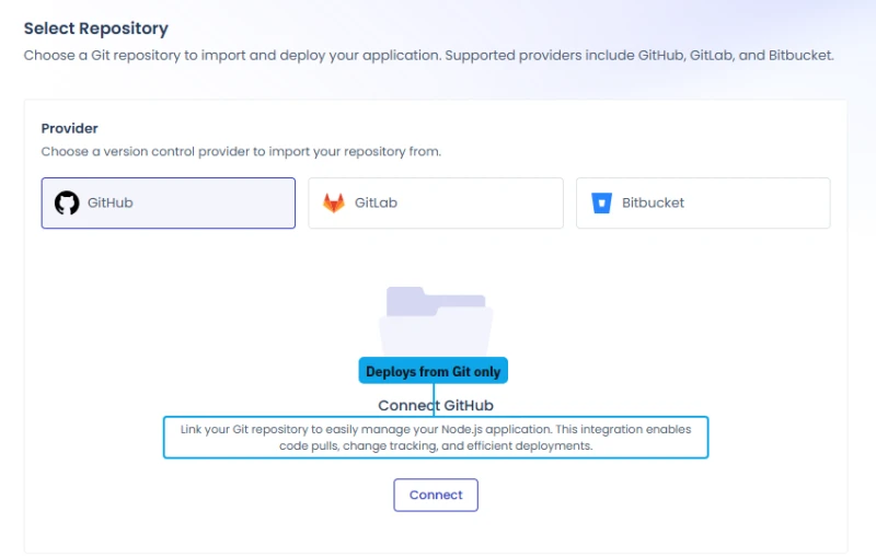 Cloudways Velocity repository step: connect GitHub, GitLab or Bitbucket to deploy a Node.js app, with no upload option
