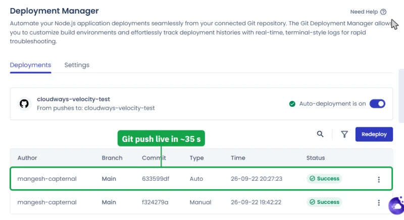Cloudways Velocity Deployment Manager: a manual deploy and an automatic deploy from a GitHub push, both Success