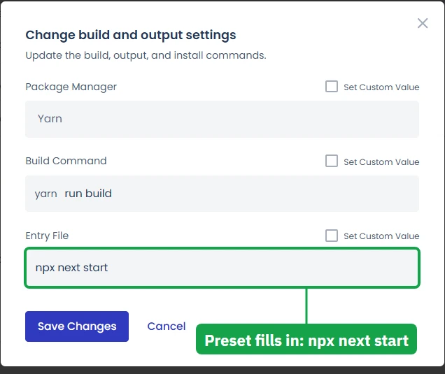 Cloudways Velocity build settings for the Next.js SSR preset: Yarn, yarn run build, and npx next start as the entry