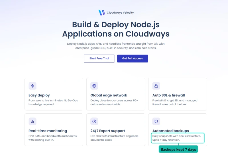 Cloudways Velocity page: deploy Node.js apps from Git with a global edge network, SSL, monitoring and daily backups