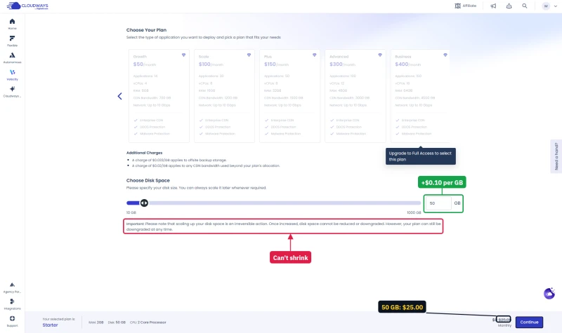 Cloudways Velocity plans from Growth to Business, per-GB charges, and the disk slider at 50 GB with its irreversible warning