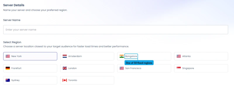Cloudways Velocity server details step: server name and ten regions including New York, London, Bangalore and Sydney