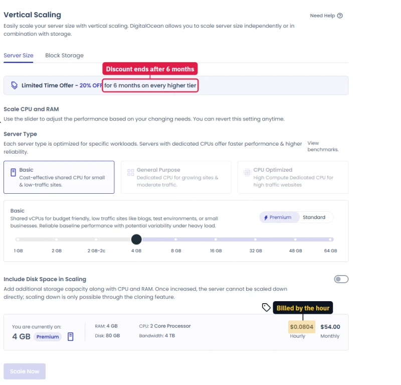 Cloudways Vertical Scaling: 20% off for 6 months on higher tiers; current 4 GB Premium server at $0.0804 an hour