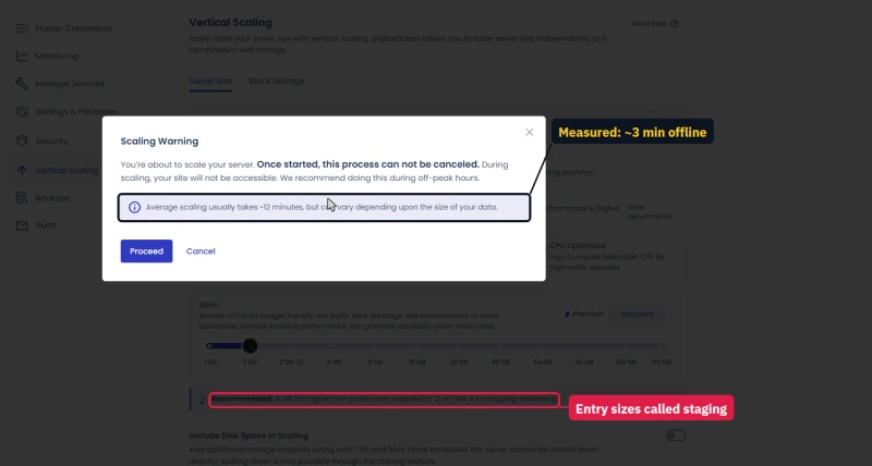 Cloudways Scaling Warning dialog: cannot be cancelled, site not accessible, about 12 minutes