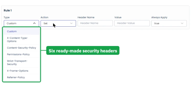 Cloudways Web Rules Add Header Rule form with six security header presets such as HSTS, CSP and X-Frame-Options
