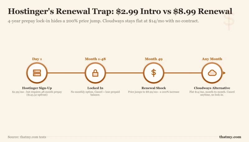 Diagram showing Hostinger price jump from $2.99 to $8.99 versus Cloudways flat $14 per month pricing