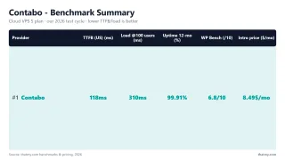 Contabo benchmark summary: 118ms TTFB, 99.91% uptime, 310ms at 100 users (Cloud VPS S plan, my test)