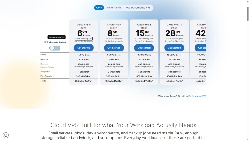 Contabo Cloud VPS cards: Cloud VPS 4 $6.23 with VAT, $5.28 excluding VAT for the first 24 months, up to Cloud VPS 16