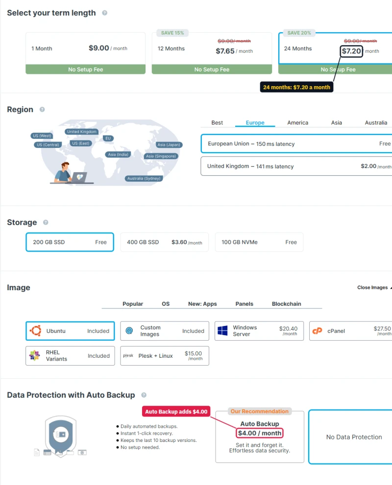 Contabo configurator: 1 month $9.00, 12 months $7.65, 24 months $7.20; Windows $20.40, cPanel $27.50, Auto Backup $4.00
