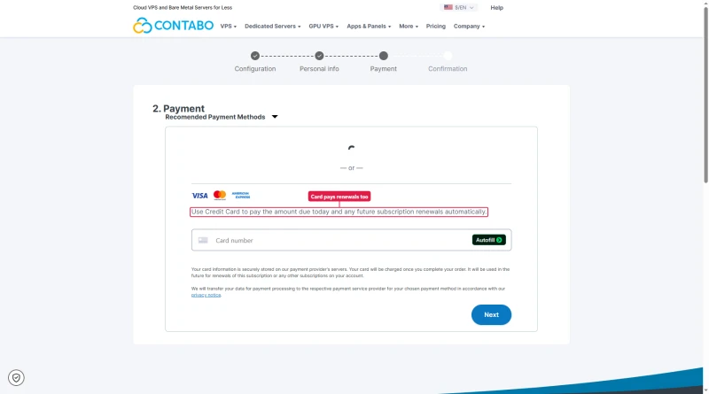 Contabo payment page: card only, used to pay the amount due today and any future renewals automatically